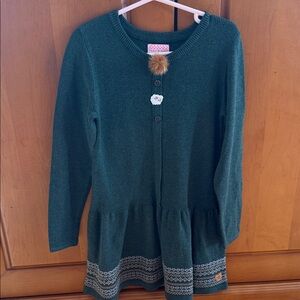 Girls' Pine Green Knit Dress with Pom Accent